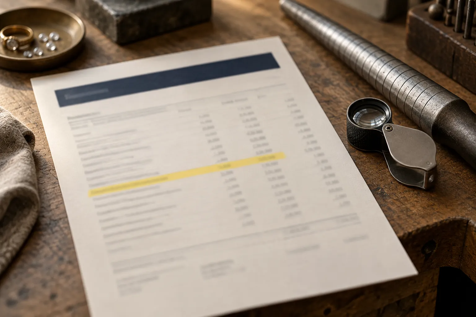 A printed report with one line highlighted in yellow, on a jewelry bench beside a loupe and a ring mandrel.