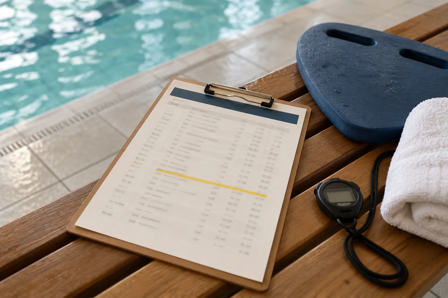 A clipboard with a printed roster, one row highlighted in yellow, on a bench beside a pool with a kickboard and a stopwatch.